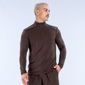 Men's dark brown quarter-zip pullover with long sleeves and zippered collar