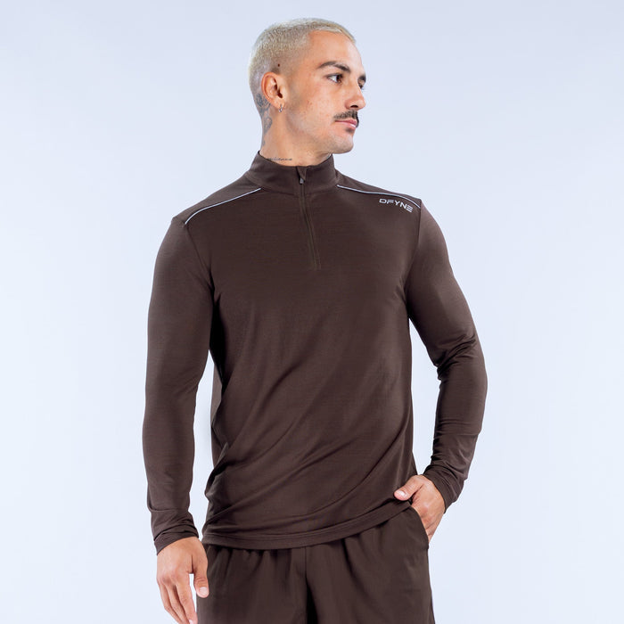 Men's dark brown quarter-zip pullover with long sleeves and zippered collar