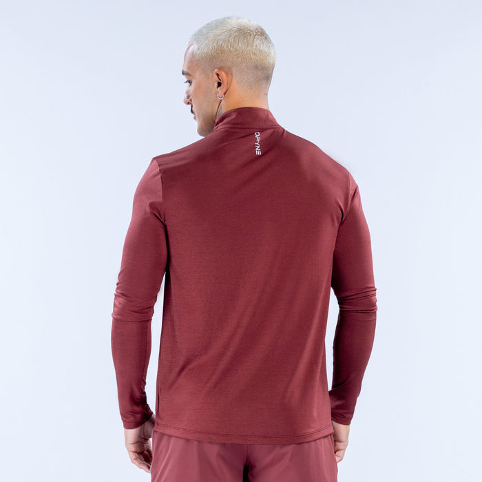 Maroon quarter-zip long-sleeve athletic top, back view with neck logo