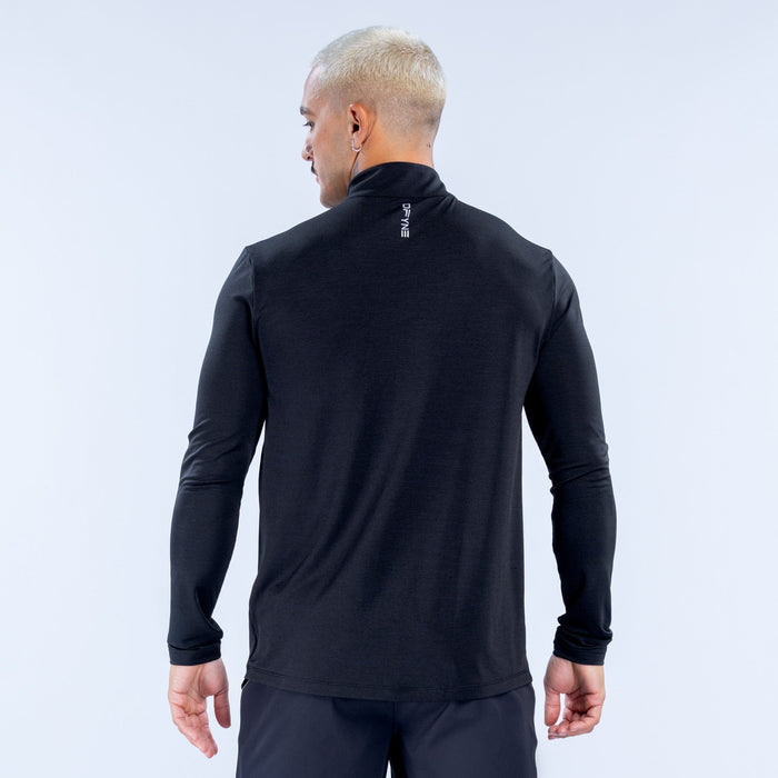 Black quarter-zip pullover, back view, mock neck and long sleeves