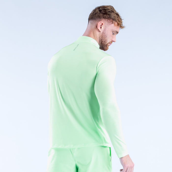 Light green quarter-zip long-sleeve pullover, side view