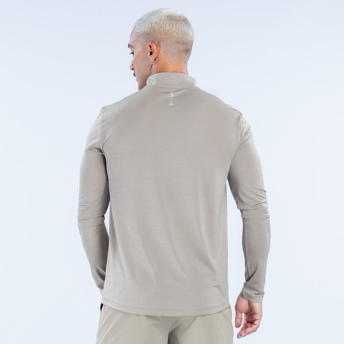 Light beige quarter-zip long-sleeve pullover, back view with stand collar