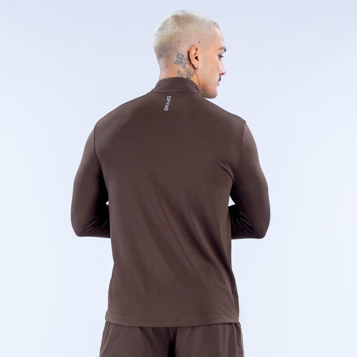 Men's dark brown quarter-zip pullover viewed from back with long sleeves