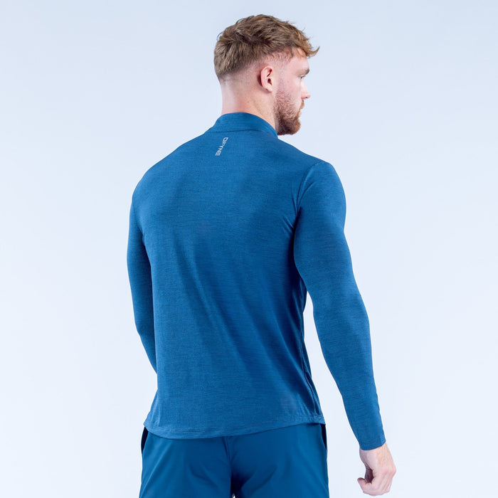 Men's blue quarter-zip pullover, long sleeves, rear view