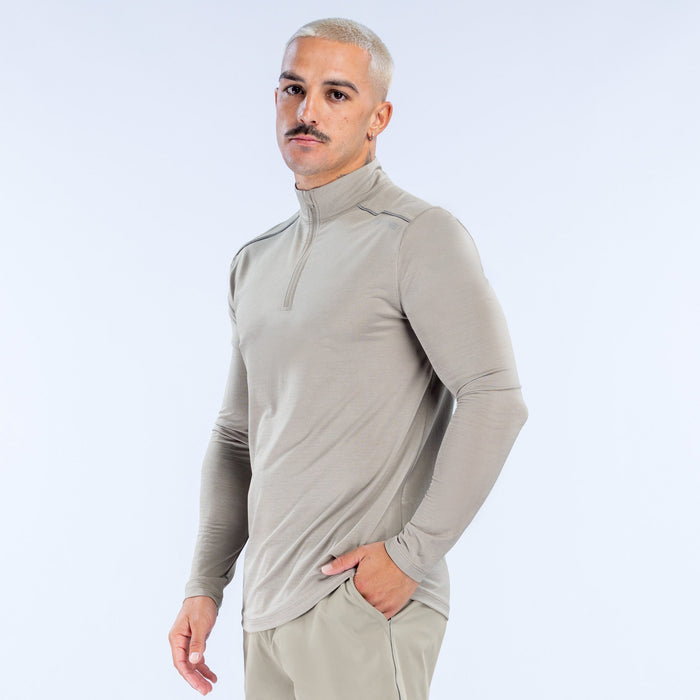 Light beige quarter-zip long-sleeve pullover with stand collar and relaxed fit
