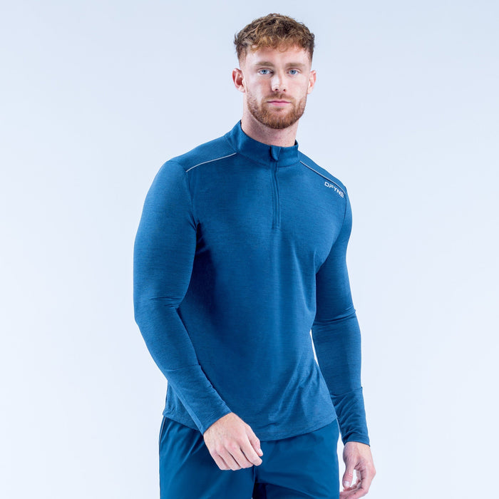 Men's blue quarter-zip long-sleeve pullover with zip-up neckline