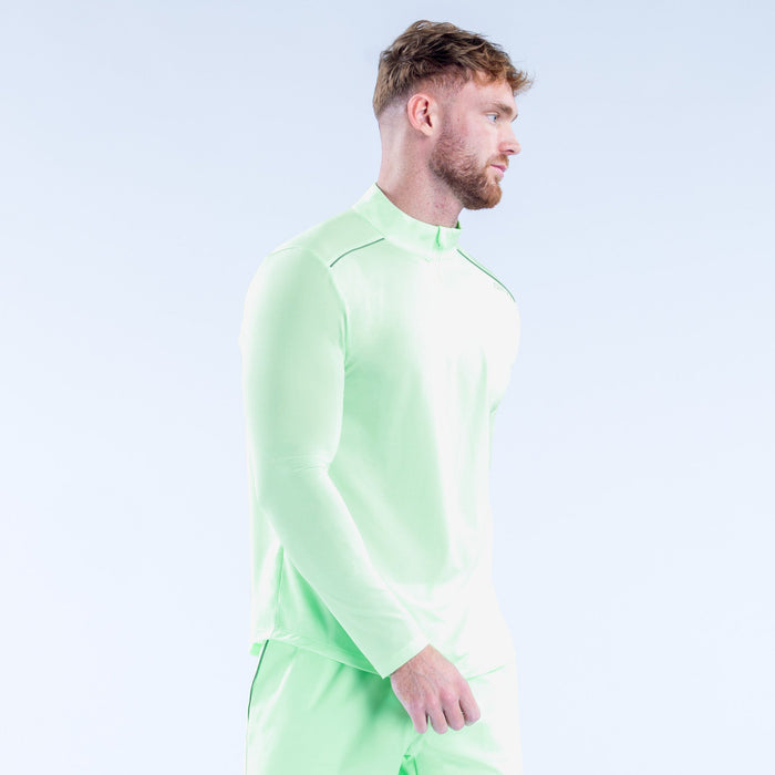 Light green quarter-zip long-sleeve pullover with stand collar, three-quarter view