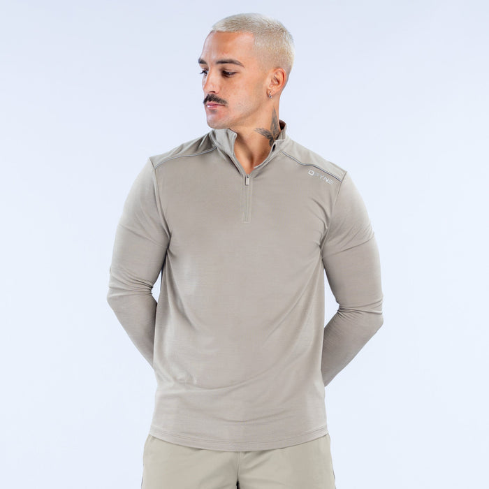 Light beige quarter-zip long-sleeve pullover with stand collar and short zip placket