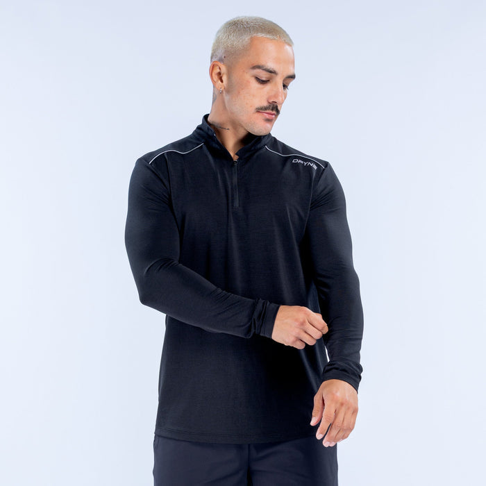 Black quarter-zip pullover with half zipper, mock neck, long sleeves