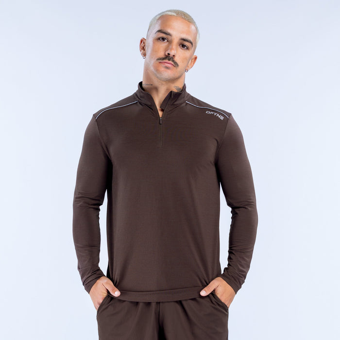 Men's dark brown quarter-zip pullover with front zip and long sleeves