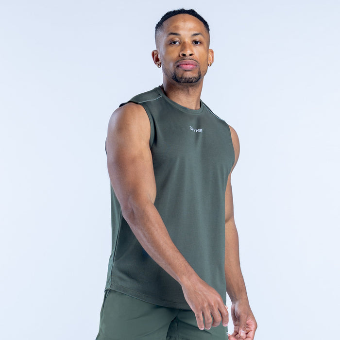 Dark green crew-neck tank top with small chest logo