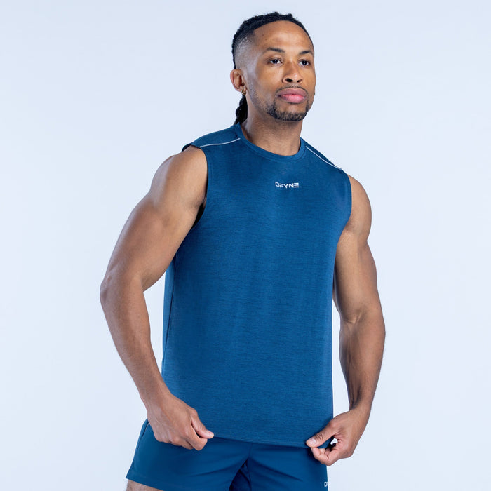 Men’s blue sleeveless tank top with small chest logo and crew neckline