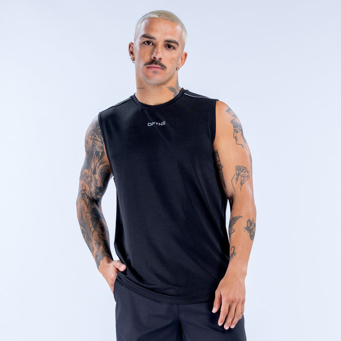 Black sleeveless athletic tank with crew neck and DRYLINE logo