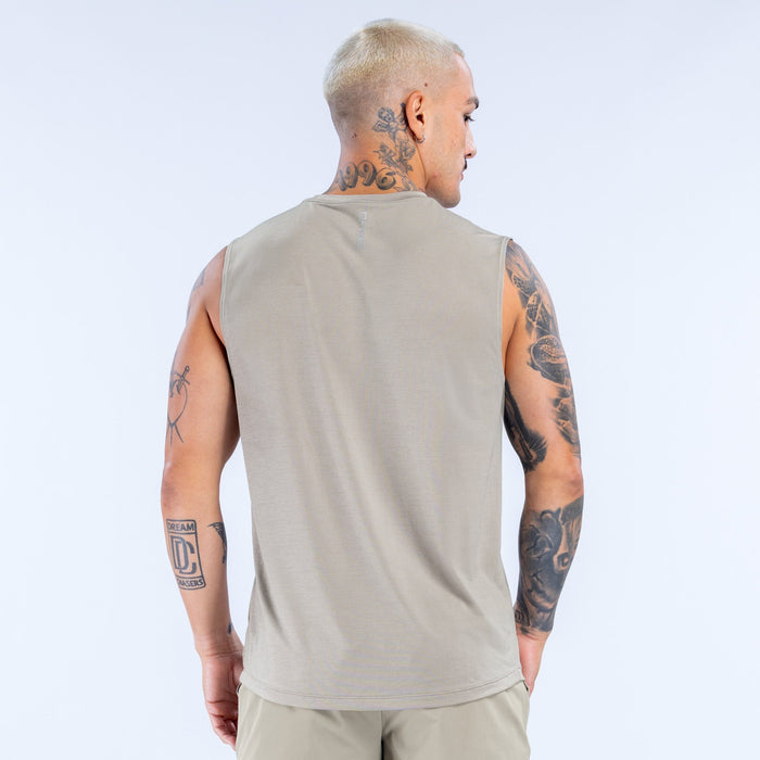 Beige sleeveless crew-neck tank top, back view with straight armholes