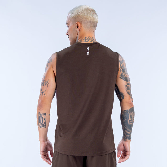 Men's dark-brown sleeveless tank top, back view with small neck logo