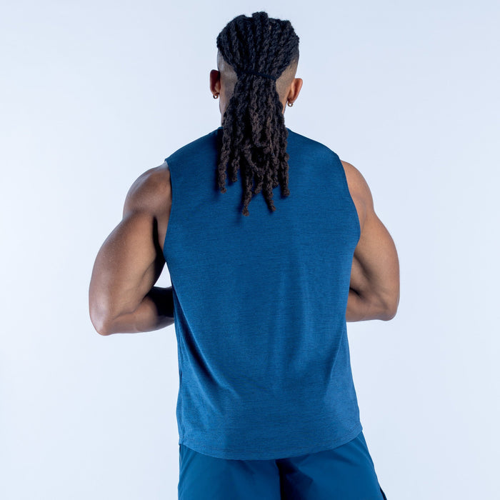 Men’s blue sleeveless tank top, rear view with crew neckline