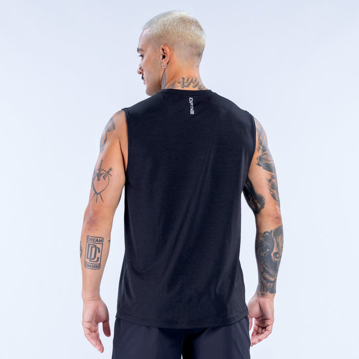 Black sleeveless tank showing back with small DRYLINE logo near collar