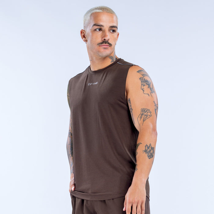 Men's dark-brown sleeveless tank top with crew neck and chest logo detail
