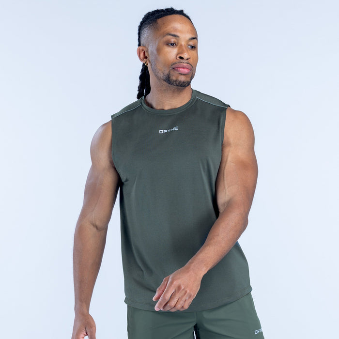 Dark green sleeveless tank top with small logo at upper chest
