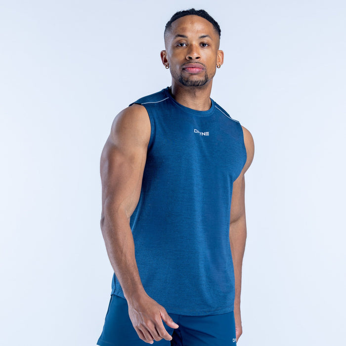 Men’s blue sleeveless tank top with small chest logo and crew neckline
