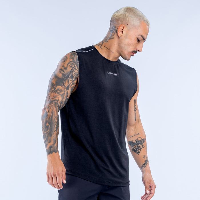 Black sleeveless athletic tank with DRYLINE logo at the chest