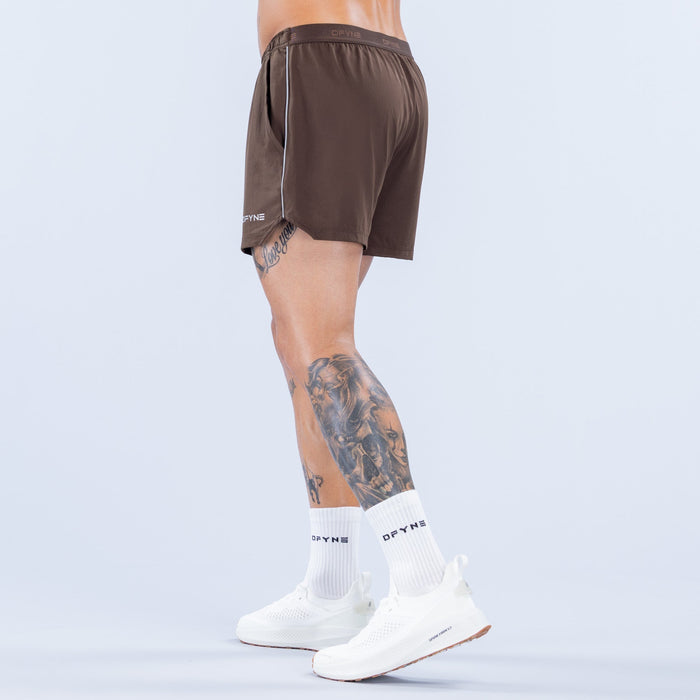Men's dark brown 4-inch training shorts with side stripe and elastic waistband