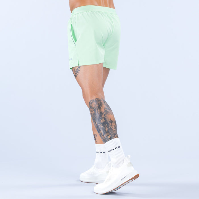 Mint green 4-inch training shorts, side/back view, elastic waistband and drawstring