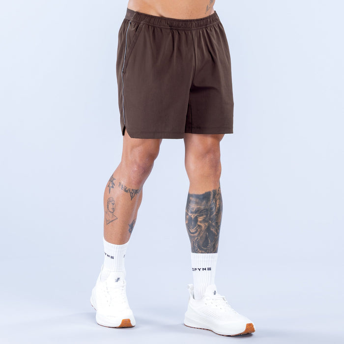 6-inch training shorts, dark brown, side seam stripes, elastic waistband