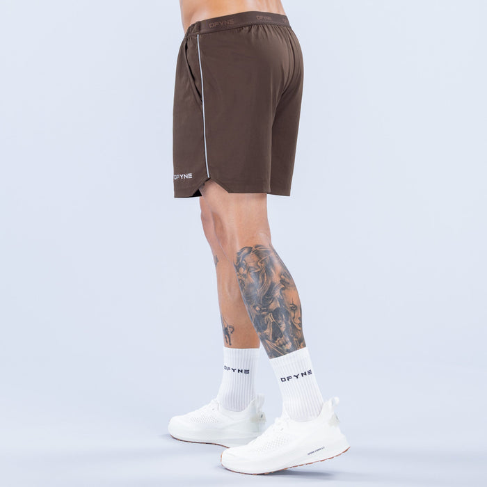 6-inch training shorts with drawcord, dark brown, side stripe detail, elastic waistband