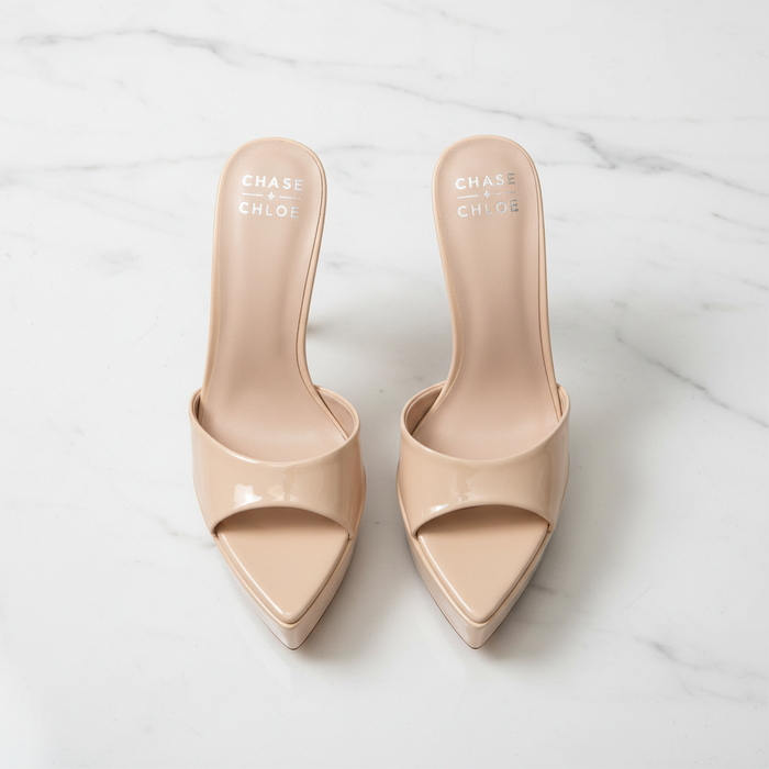 Chase Lawnie Nude Platform Stiletto Mule Heels – Slip-On Peep Toe High Heels for Women