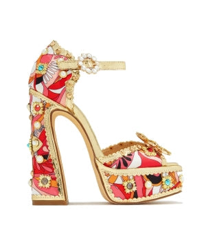 Chase Royal Red Stone & Pearl Embellished Open Toe Platform Block Heel Sandals – 5.75" Ankle Buckle