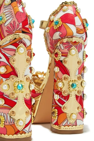 Chase Royal Red Stone & Pearl Embellished Open Toe Platform Block Heel Sandals – 5.75" Ankle Buckle