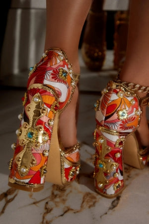 Chase Royal Red Stone & Pearl Embellished Open Toe Platform Block Heel Sandals – 5.75" Ankle Buckle