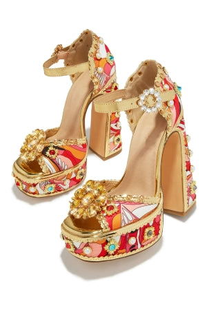 Chase Royal Red Stone & Pearl Embellished Open Toe Platform Block Heel Sandals – 5.75" Ankle Buckle