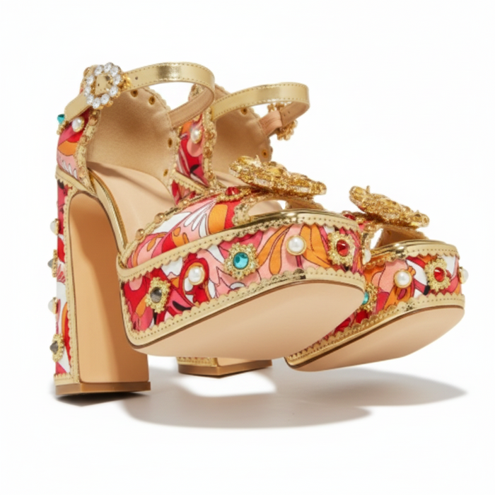 Chase Royal Red Stone & Pearl Embellished Open Toe Platform Block Heel Sandals – 5.75" Ankle Buckle