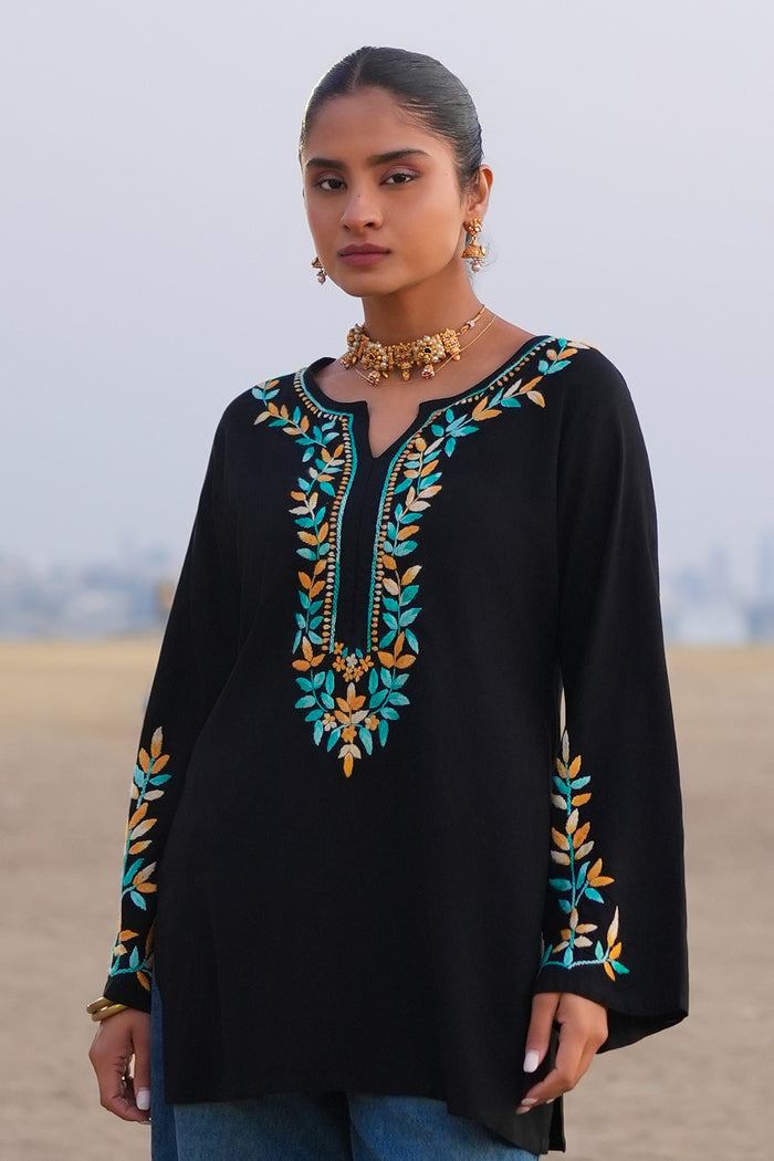 Chikankari Embroidered  Short Kurta in Rayon – Black