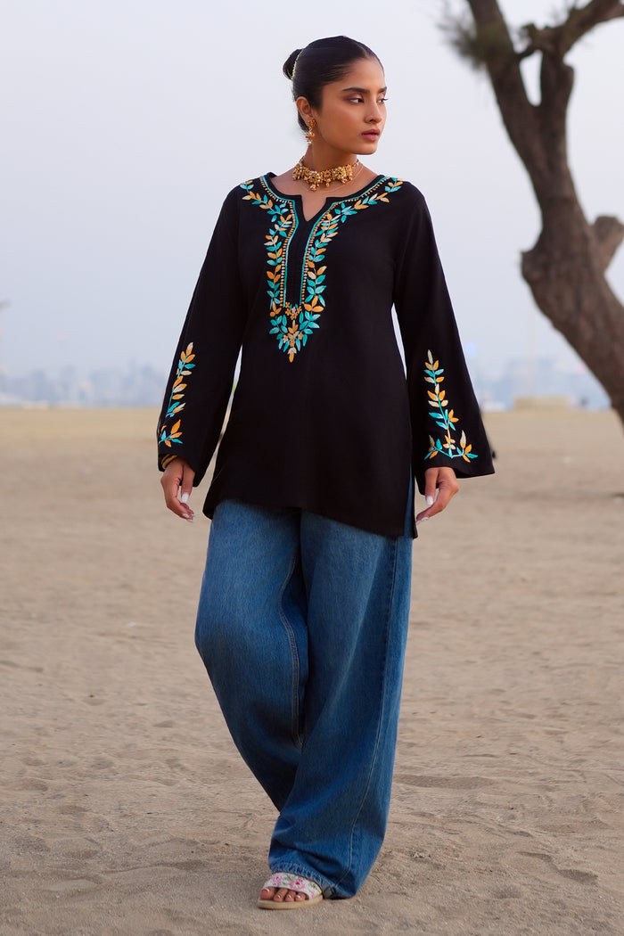 Chikankari Embroidered  Short Kurta in Rayon – Black