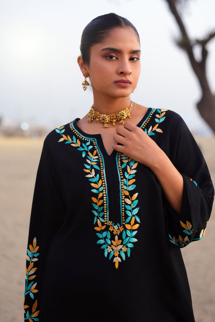 Chikankari Embroidered  Short Kurta in Rayon – Black