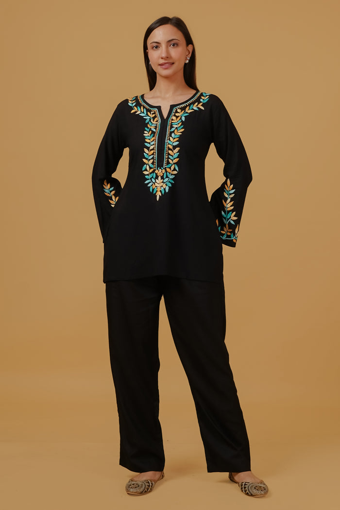 Chikankari Embroidered  Short Kurta in Rayon – Black