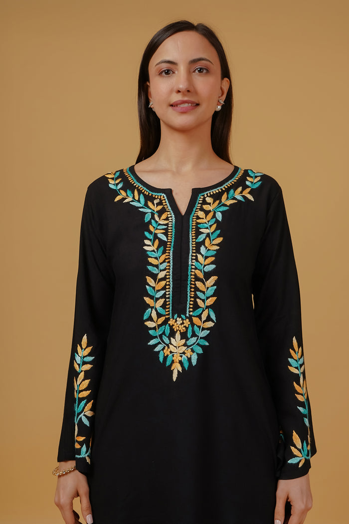 Chikankari Embroidered  Short Kurta in Rayon – Black
