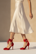Red Satin Ankle-Tie Stiletto Heels — Women's Ballet-Inspired Platform Pump