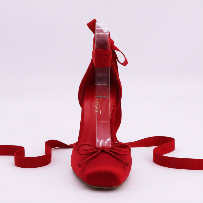 Red Satin Ankle-Tie Stiletto Heels — Women's Ballet-Inspired Platform Pump
