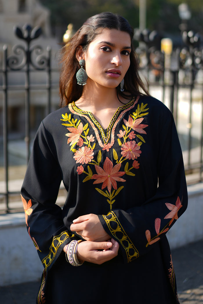 Cotton Kashmiri Aari Embroidered Short Kurta - Black