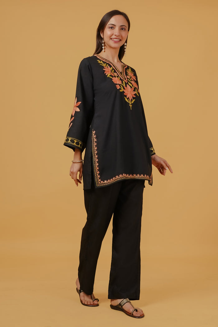 Cotton Kashmiri Aari Embroidered Short Kurta - Black
