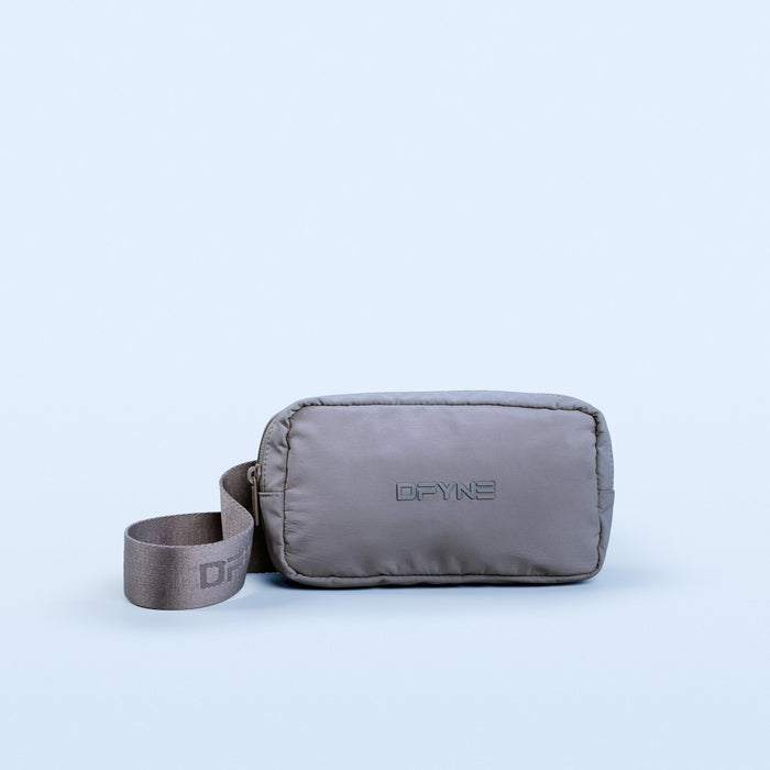 Gray zippered crossbody bag with logo front and adjustable strap