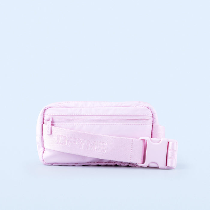Pink crossbody bag with top zip, embossed logo, and adjustable strap