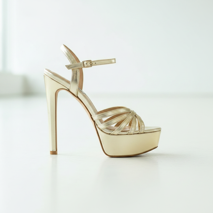 Gold Patent Platform Stiletto Heels — Women's High Heel Ankle Strap Sandals