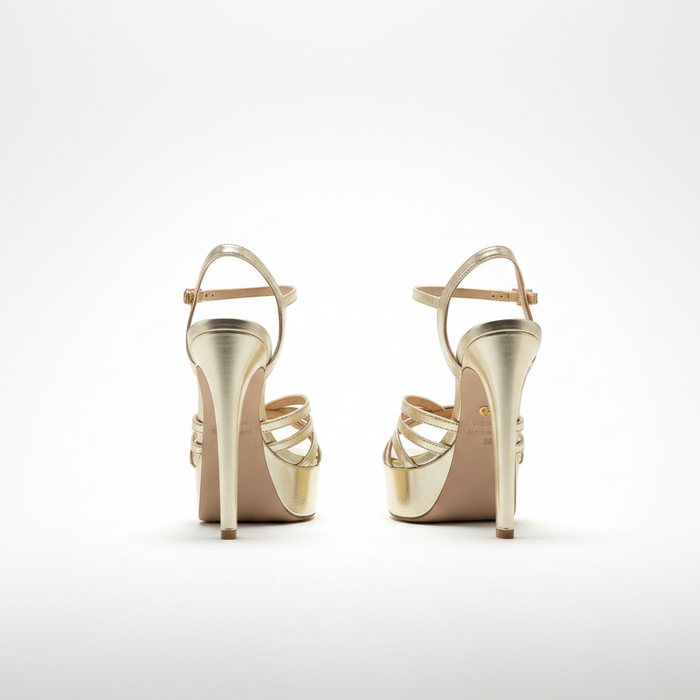 Gold Patent Platform Stiletto Heels — Women's High Heel Ankle Strap Sandals