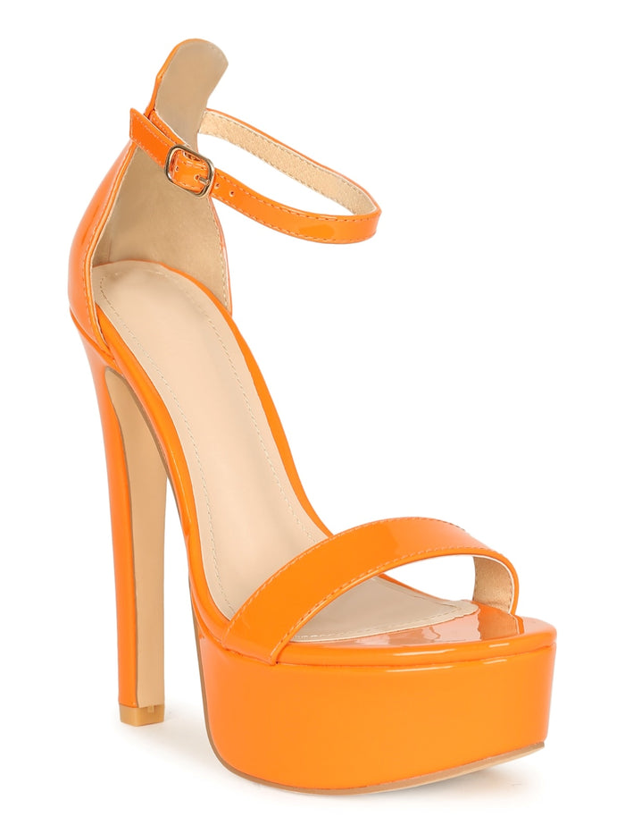 Orange Patent Platform Stiletto Heels — Women's High Heel Ankle Strap Sandals