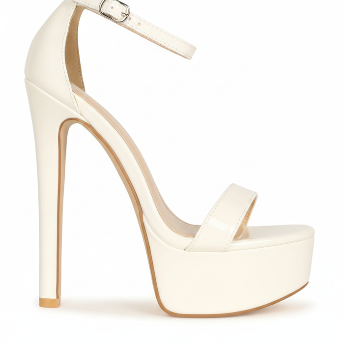 Nina White Patent Platform Stiletto Heels — Women's Ankle Strap High Heel Sandals